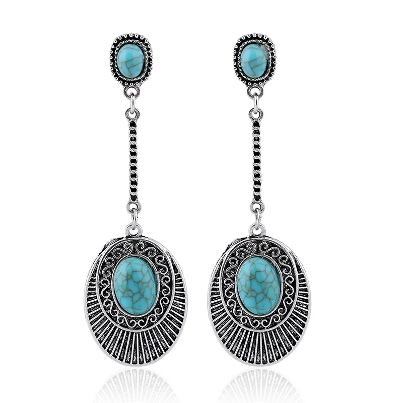 

New Earring Vintage Long Turquoised Oval Shape Tassel Earrings Earpins for Women