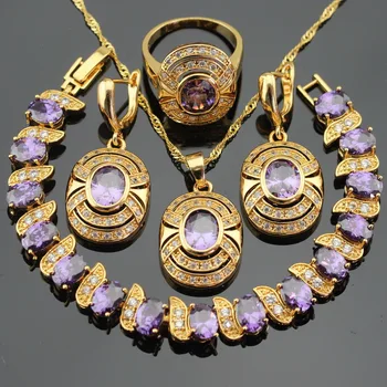 

Purple Cubic Zircon White CZ Gold Color Jewelry Sets For Women Bracelet Earrings Necklace Pendant Rings Free Gift Box