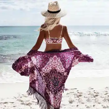 

Women Chiffon Cover Up Kimono Beach Cardigan Bikini Summer Flower Printed Long Female Wrap Beachwear Long Dress