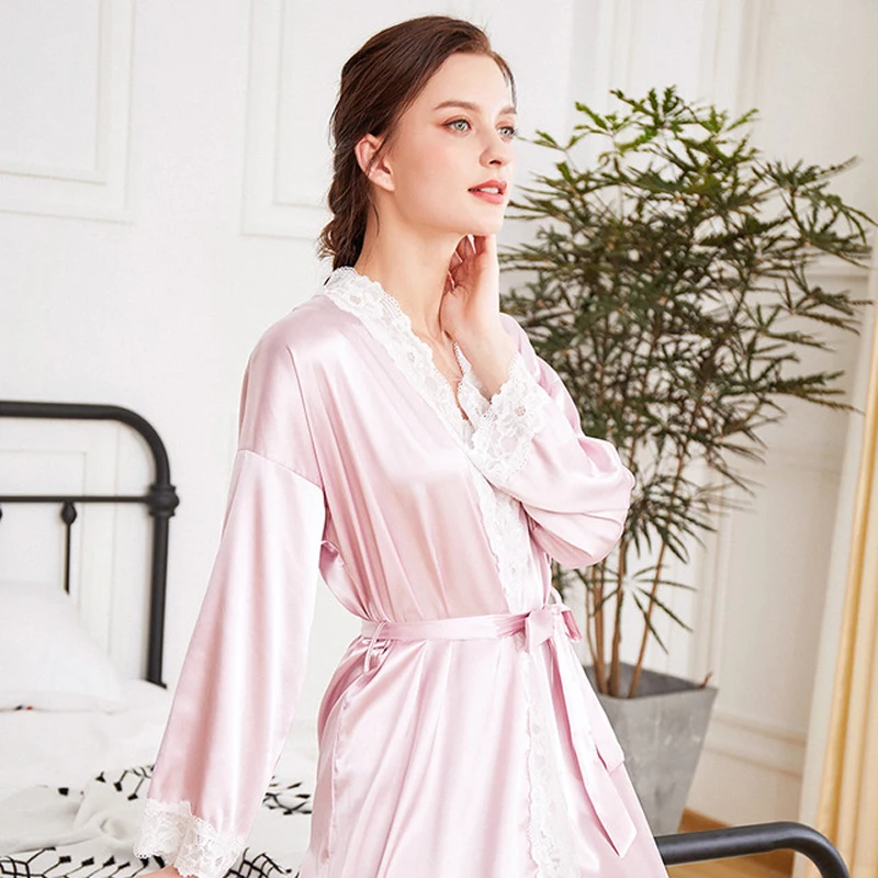 

Sexy Lace morning gown female silk bathrobe Women's summer Soft And Silky Sleepwear Ladies indoor nighty Bride Wedding Robe