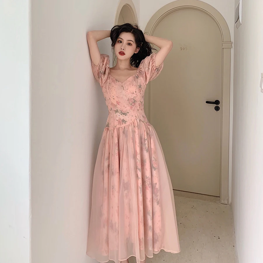 

Fashions Women Vintage Dress Summer Puff Sleeve Floral Printed Vestidos Party Dress High Waist Chiffon Maxi Formal Dresses