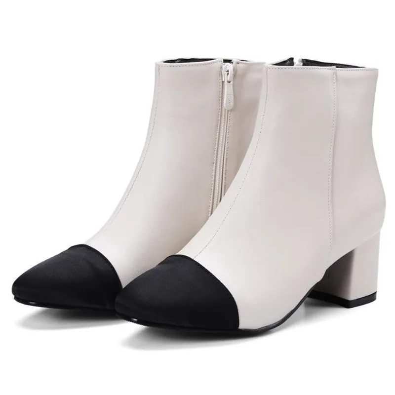 

Autumn and winter New pattern Martin boots Coarse heel Short tube white Blue Patchwork woman Short boots plus size 34-48