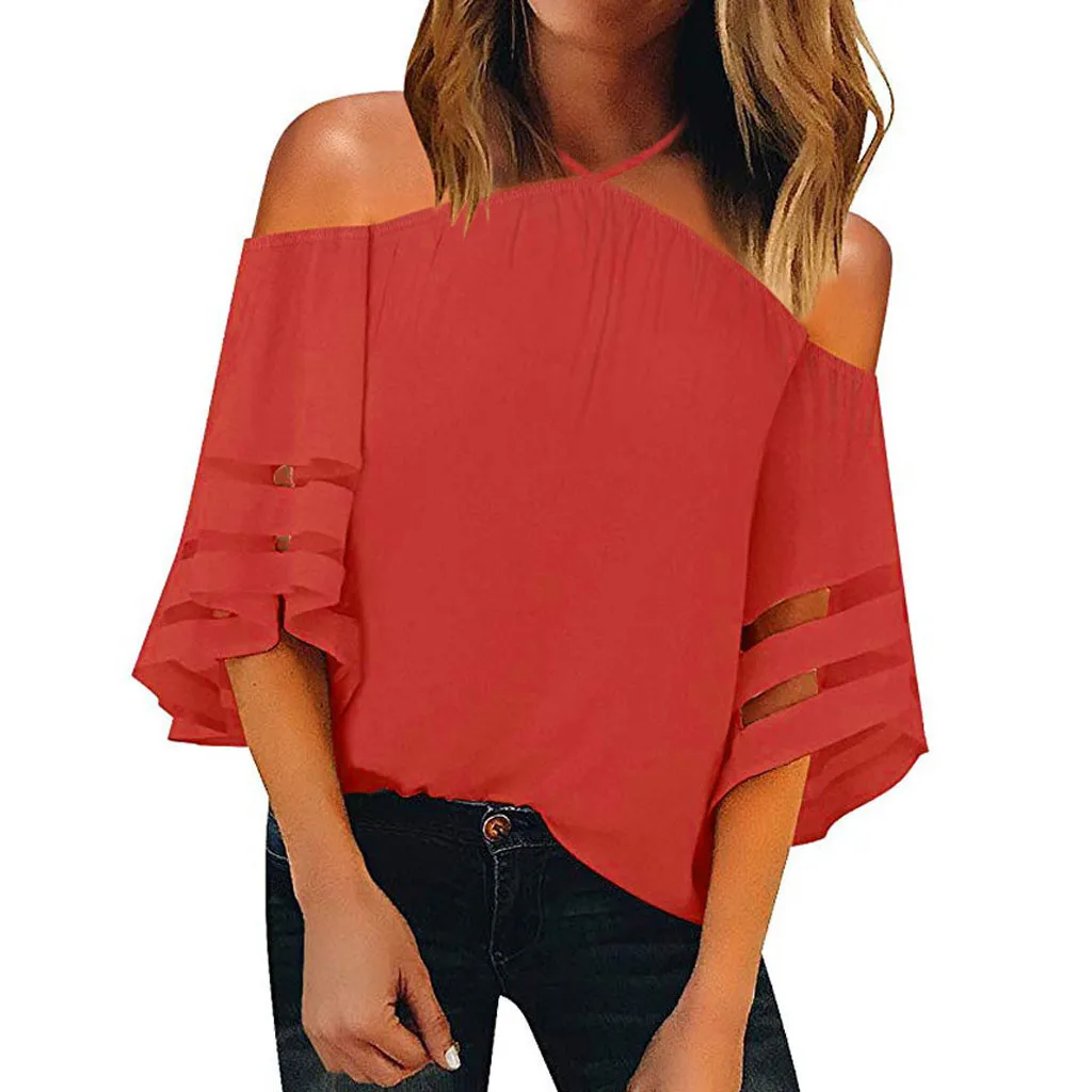 

JAYCOSIN 2019 New Summer Women Blouse Vogue Solid Halter Off Shoulder Mesh Panel Three Quarter Flare Sleeve Loose Top 9May1228