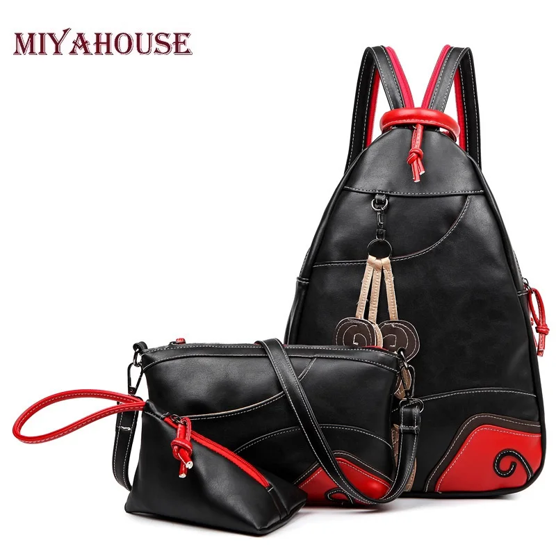

Miyahouse Vintage Leaf Stitching Shoulder Bag Backpack Women 3 Sets Backpack Women Multifunction Chest Bag PU Leather Backpack