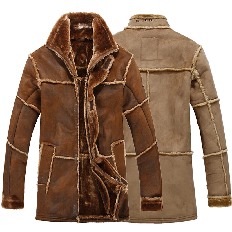 European Style Vintage Thick Warm Winter Long Leather Jacket Men Fur