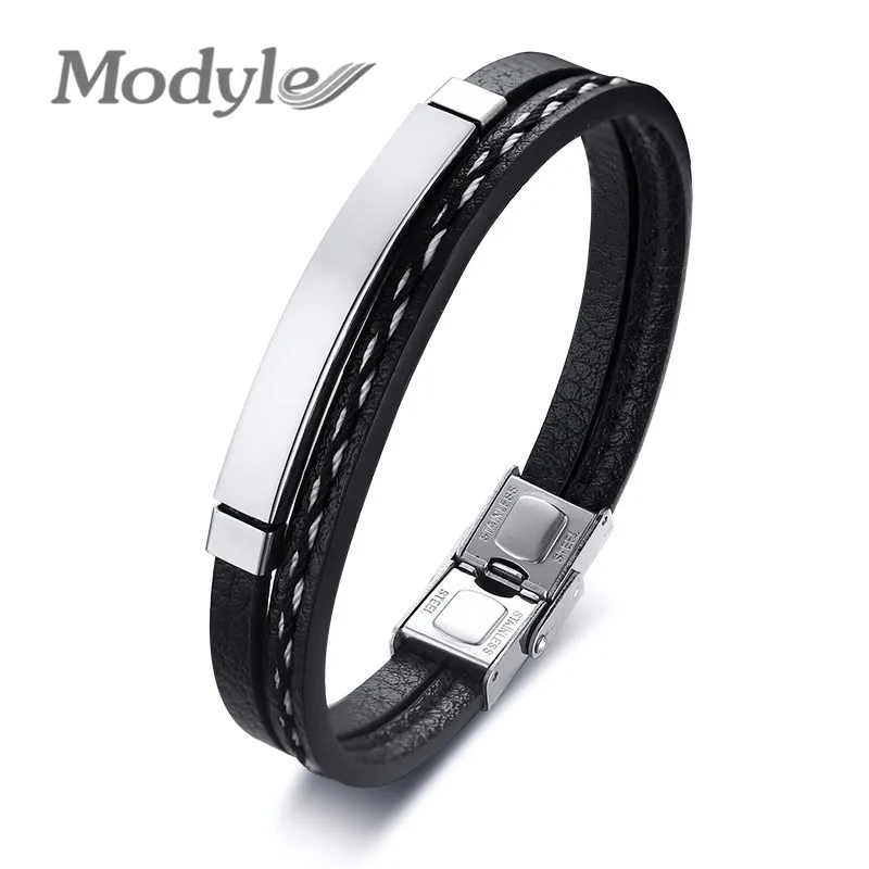 

Modyle Mens Multi-layer Leather Bracelets for Women Stylish Stainless Steel ID Tag Cuff Bangle Unisex Accessory
