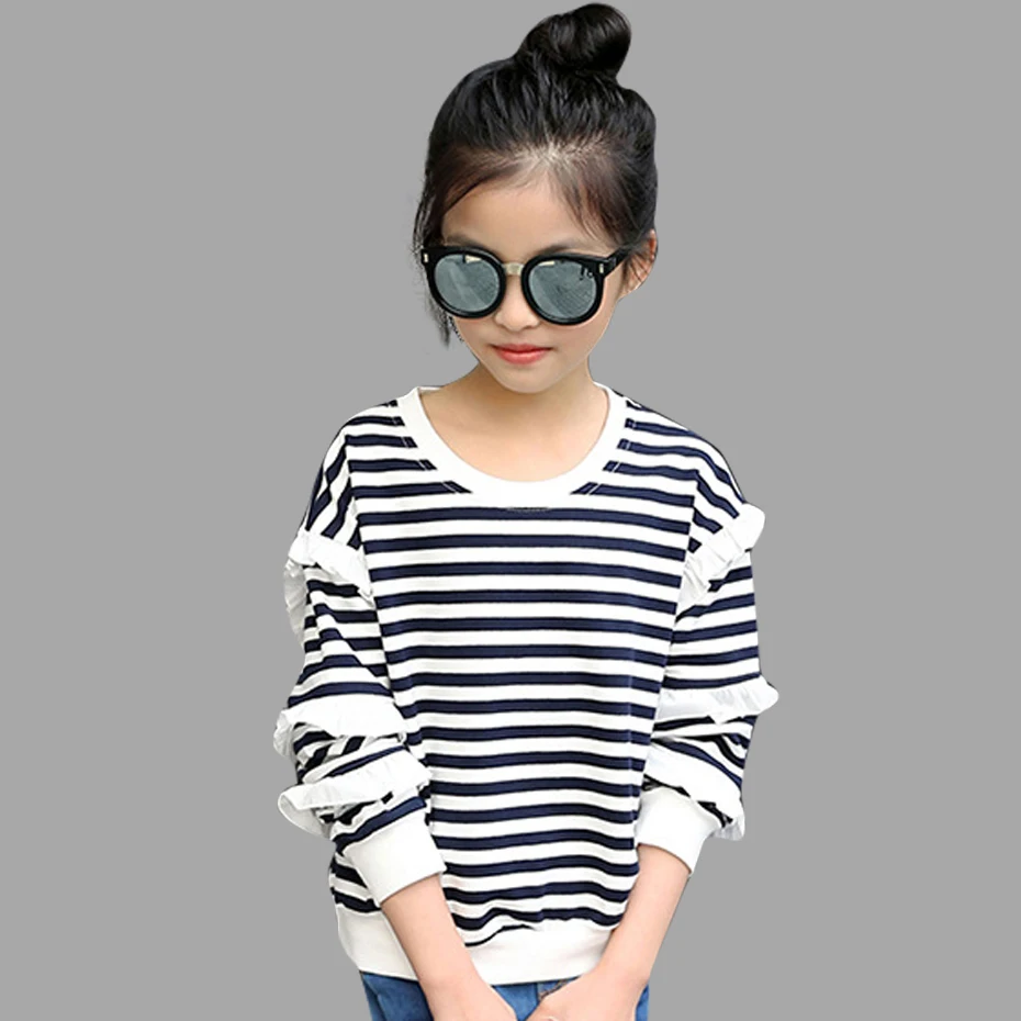 

Girls Shirt Spring Autumn Striped Kids Tops Tee 100% Cotton Fashion Teenage Girls T shirts 4 6 8 9 12 14 Years