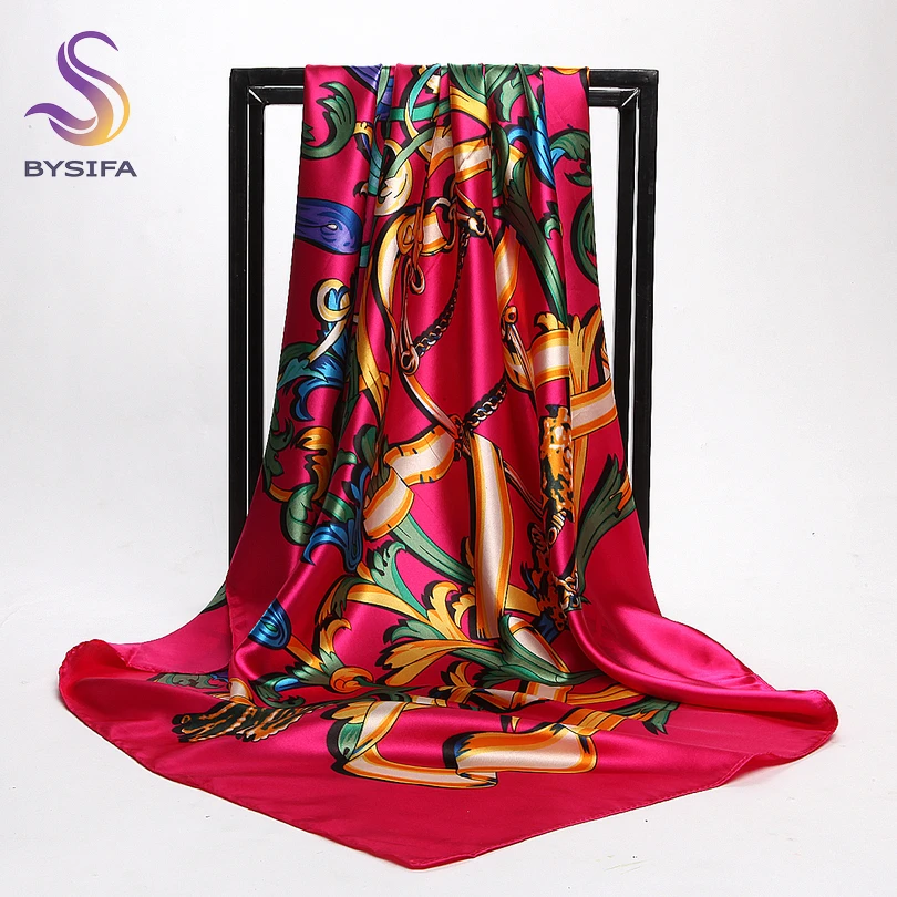 

[BYSIFA] Blue Grey Silk Scarf Shawl New Women Accessories Chain Large Square Scarves 90*90cm Spring Europe Brand Scarf Bufandas