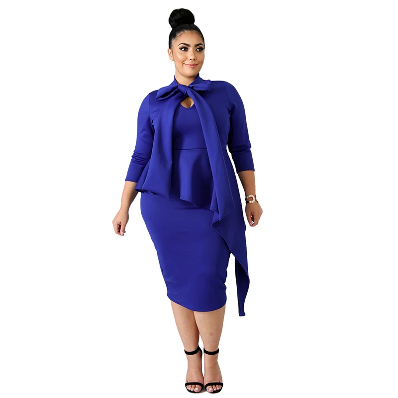

NEW Plus Size Elegant Sheath Office Lady Bodycon Dress 2018 Autumn Bow Neck Sexy Fashion Party Mid-Calf Dress XXXXL