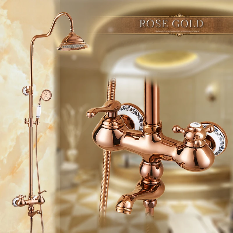 

Uythner Luxury Rose Golden Finish Dual Handle Switch 8" Rain Bath and Shower Faucet Set Mixer Tap Wall Mounted