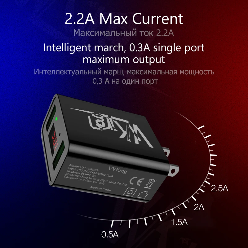 VVKing 2 شاحن يو اس بي 5 V 2.2A LED شاشة ديجيتال سريع شحن ل فون سامسونج Xiaomi الهاتف المحمول مزدوجة شاحن الولايات المتحدة الاتحاد الأوروبي المكونات