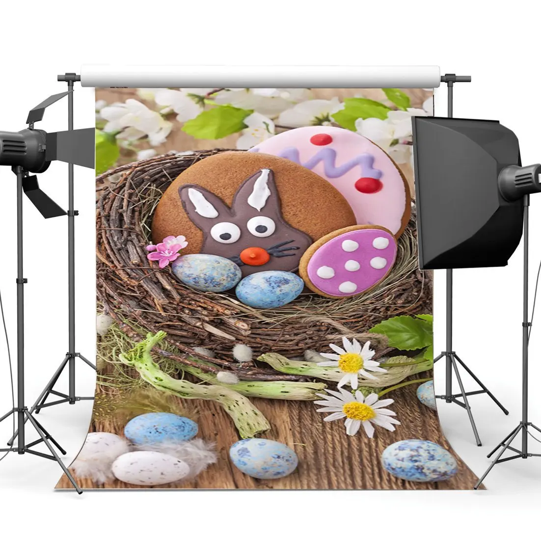 

Happy Easter Bunny Backdrop Painted Eggs Backdrops Gingerbread White Flowers Rustic Wood Plank Spring Background