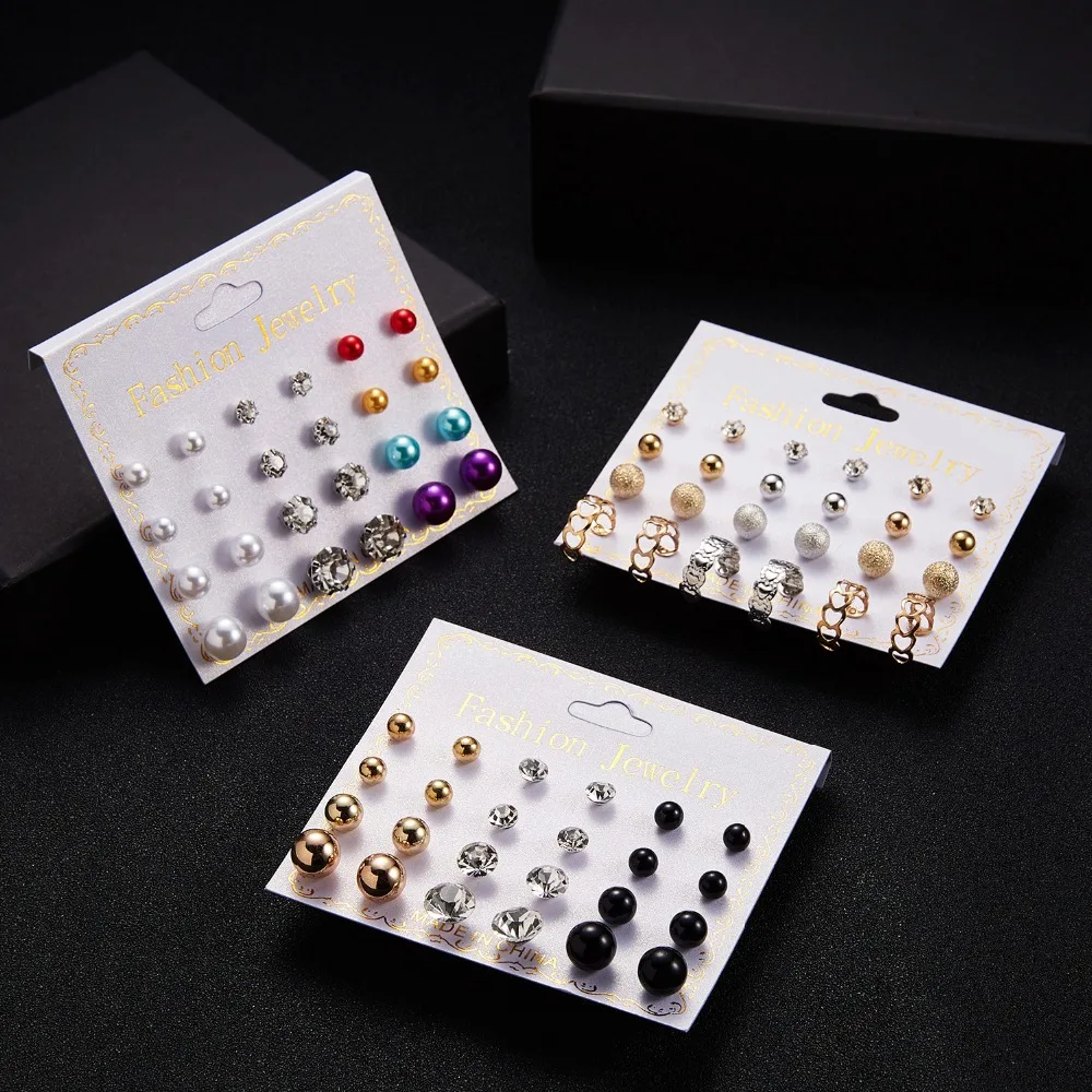 

3 Styles Heart Flowers Stud Earrings Set White Black Gold Rhinestone Imitation Pearl Piercing Earrings for Women Party Gift