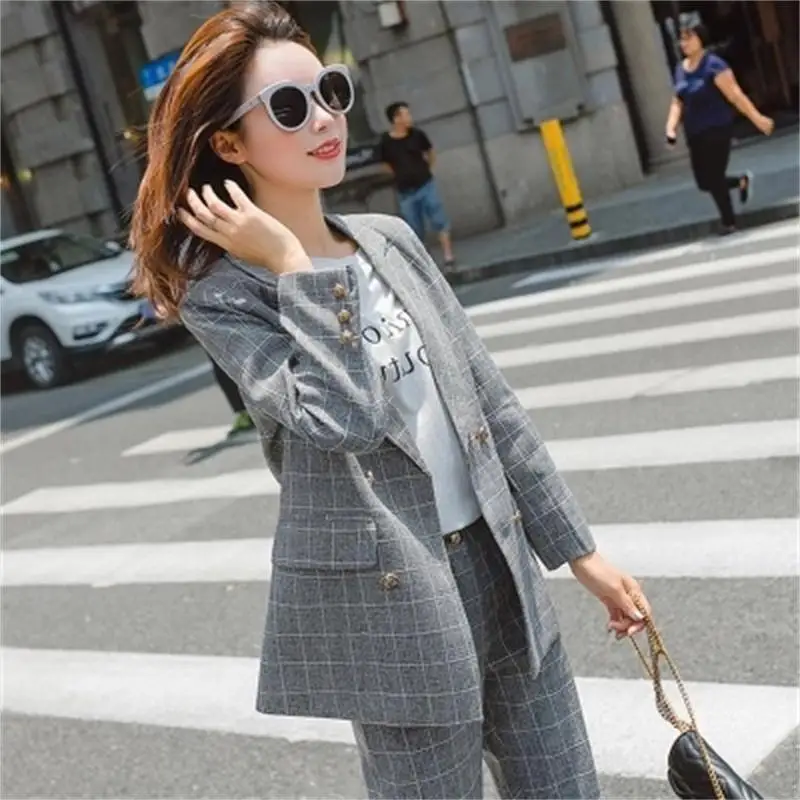 Plaid suit suit female summer New high quality Double-breasted plaid casual fashion suit + pants Loose two-piece suit women