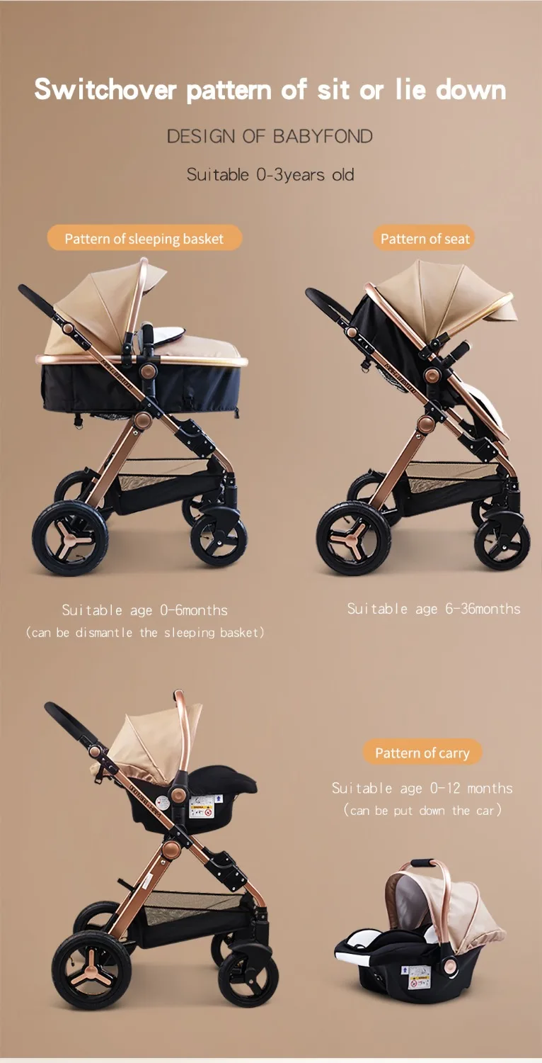 EU warehoue 3 in 1stroller baby Luxury Baby stroller high landscape baby Carriage PU material with car seat