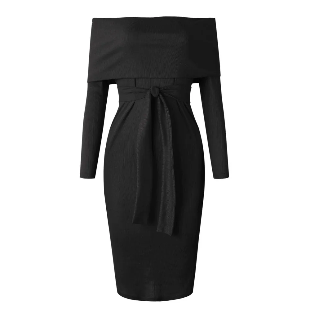 KLV женское теплое платье с длинным рукавом с открытыми плечами женское сексуальное платье-футляр вечернее платье с поясом капля 1,23