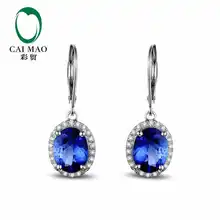 CaiMao 18KT/750 White Gold 4.1 ct Natural IF Blue Tanzanite AAA 0.28 ct Round Cut Diamond Engagement Gemstone Earrings Jewelry