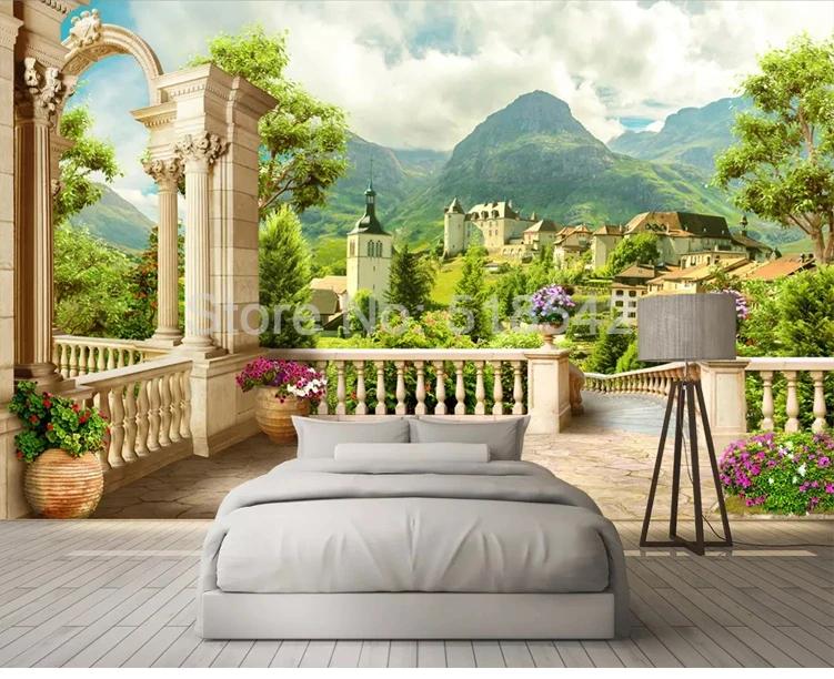 Пользовательские 3D фото обои римская колонна балкон маленький город природа пейзаж Гостиная Спальня Настенные обои домашний декор