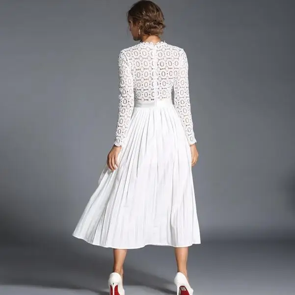 2019 осень Для женщин кружевная вставка плиссированный Maxi Dress Vestidos Robe для худого