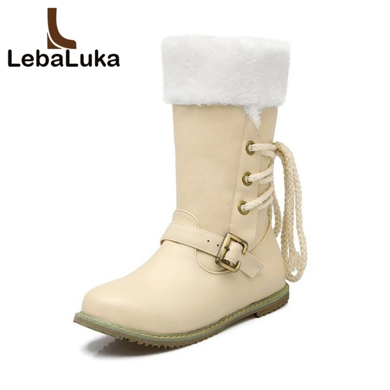 

Tuyoki Fashion Women Round Toe Half Short Boots Woman Lace Up Warm Fur Mid Calf Botas Fashion Buckle Footwear Shoes Size 30-52