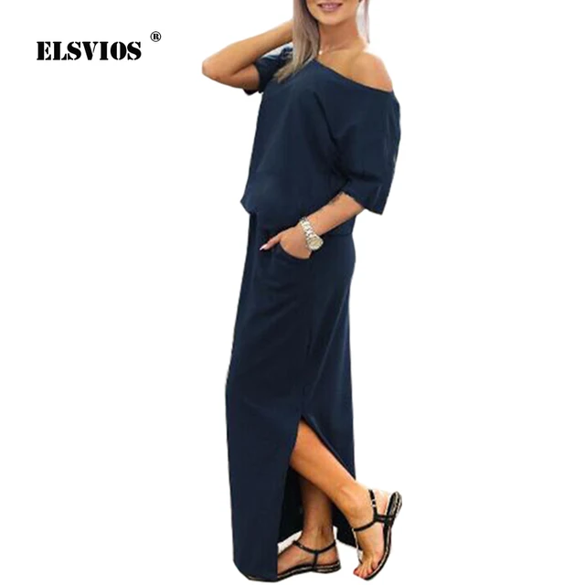 ELSVIOS Sexy Slash neck Side Split Loose Dress Women Summer Long Maxi Dress Short Sleeve Evening Party Dress Pocket Vestidos