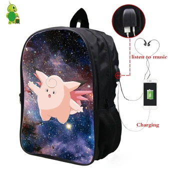 

Pokemon Clefable Galaxy Space Backpack Multifunction USB Charge Headphone Jack Laptop Backpack for Teens Men Women School Bags
