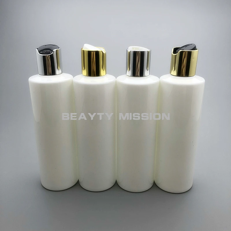 BEAUTY MISSION 250ml 24 pcs/lot white empty plastic shampoo PET bottle with gold/silver disc top cap, cream/essential oil bottle