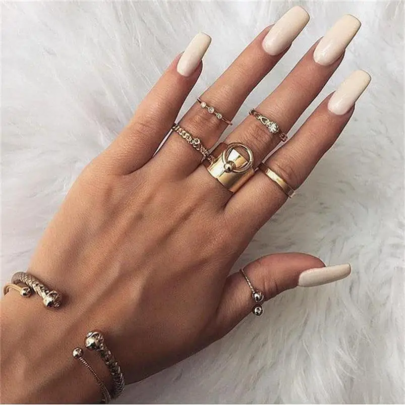 

Punk Women Rings Set Round Heart Shaped Crystal Twisted Open Joint Gold Ring Female Charm Prom Party Jewelry Accessories
