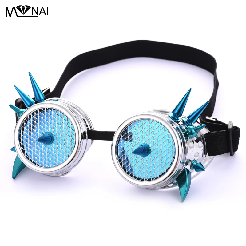 

Blue Glass Round Goggles Steampunk Rivet Glasses Retro Vintage Steampunk Spikes Goggle Welding Punk Gothic Cosplay Party