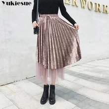 Женские длинные юбки весна модный бренд А-силуэта женские плиссированные бархатные кружевные юбки с высокой талией женские миди юбки Faldas Saias