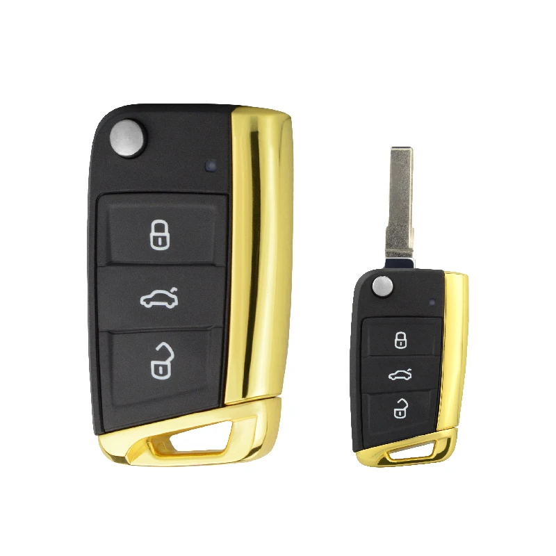 OkeyTech 3 Button Gold Shiny Metal Side Flip Folding Remote Car Key Shell for V W Golf 4 6 7 MK7 T5 Passat B5 Octavia Skoda