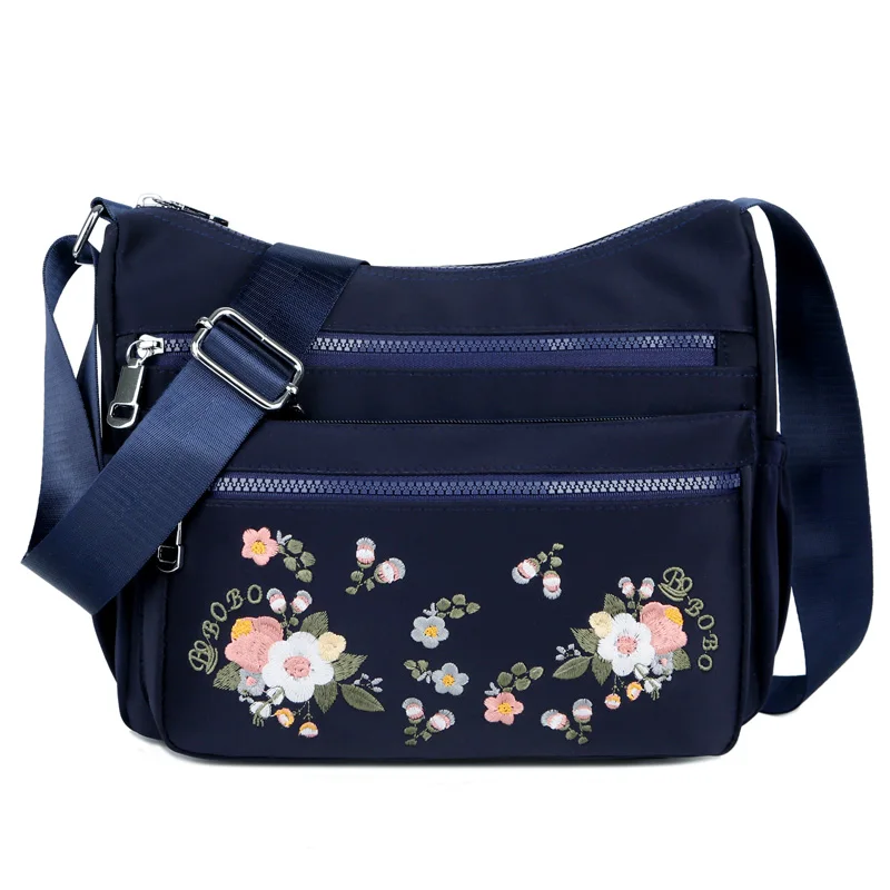 Женская сумка с цветочной вышивкой, женская сумка на плечо, высокое качество, сумки через плечо для женщин, роскошная дизайнерская Маленькая нейлоновая сумка синего цвета - Цвет: BLUE
