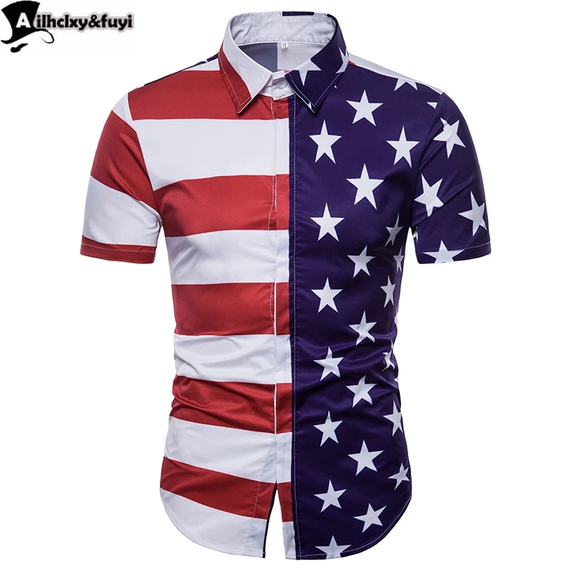 2018 New Featured Brands Shirt Fashion Mens short Sleeve National flagPrint Casual Camisas Hombres | Мужская одежда
