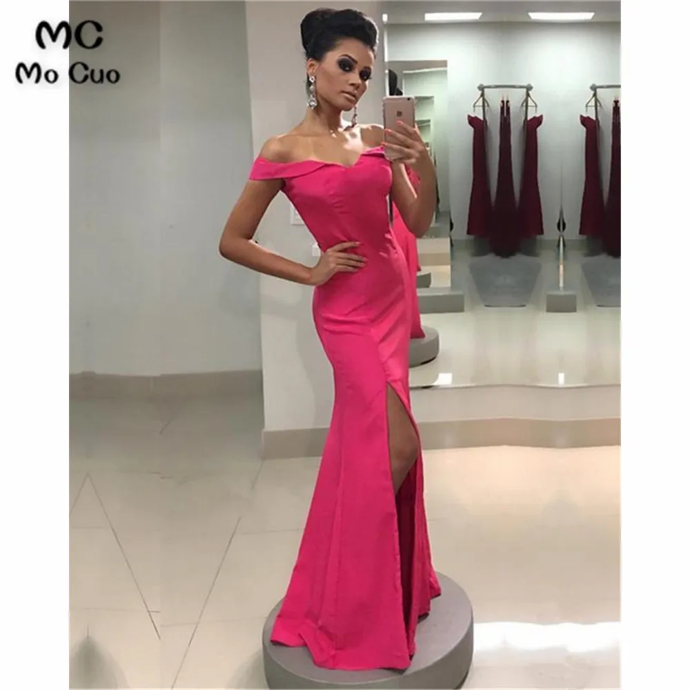 V-neck Off Shoulder Long Satin Mermaid Empire Waistline Prom Dresses (2)