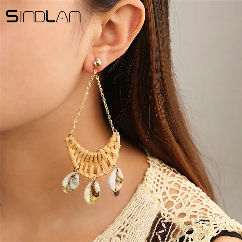 

Sindlan Bohemia Handmade Natural Shell Earrings for Women Wooden Weave Long Drop Earrings Rattan Knit Girls Fashion Ear Jewelry