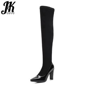 

JK 2018 New High Heels Over The Knee Boots Pu Female Stretch Shoes Winter Elastic Boot Warm Pointed Toe Footwear Big Size 34-43