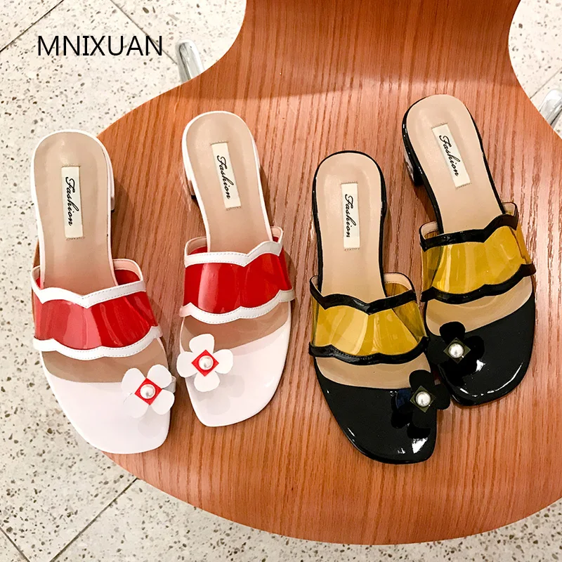 

MNIXUAN Comfortable summer women slippers shoes 2019 new transparent patent leather flip flops flower beach slides big size34-43