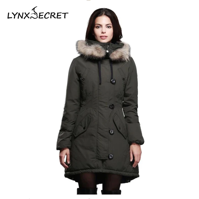 Best price at $134 Cheap Winter warm jacket for women female Classic Army Green Black skirt thick cotton natural raccoon fur collar Hooded jacket button