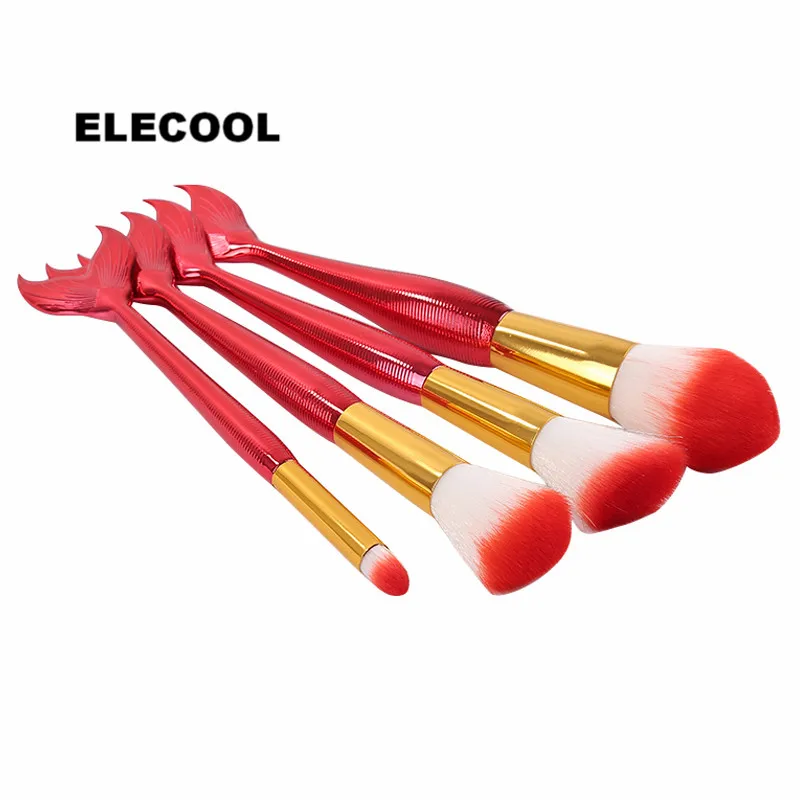 

ELECOOL 4Pcs/set Red Mermaid Tail Shape Make up Brushes Set Foundation Powder Concealer Contour Makeup Brushes Nylon Hair