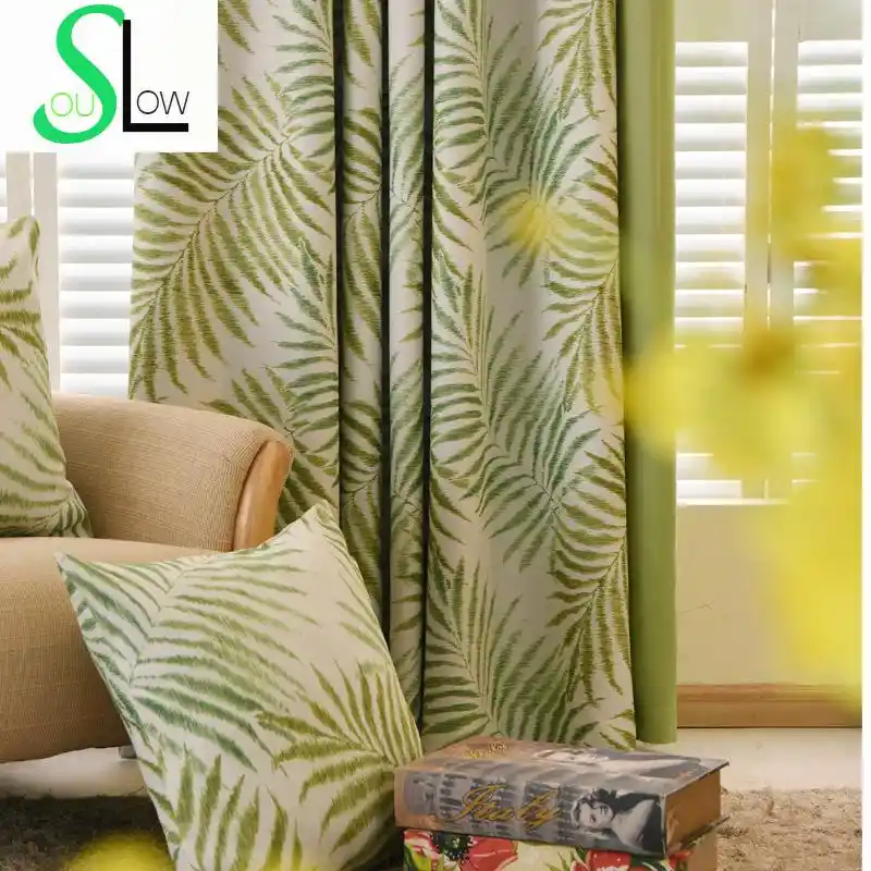 Modern Curtains For Living Room Green Leaves Printed Silk Like