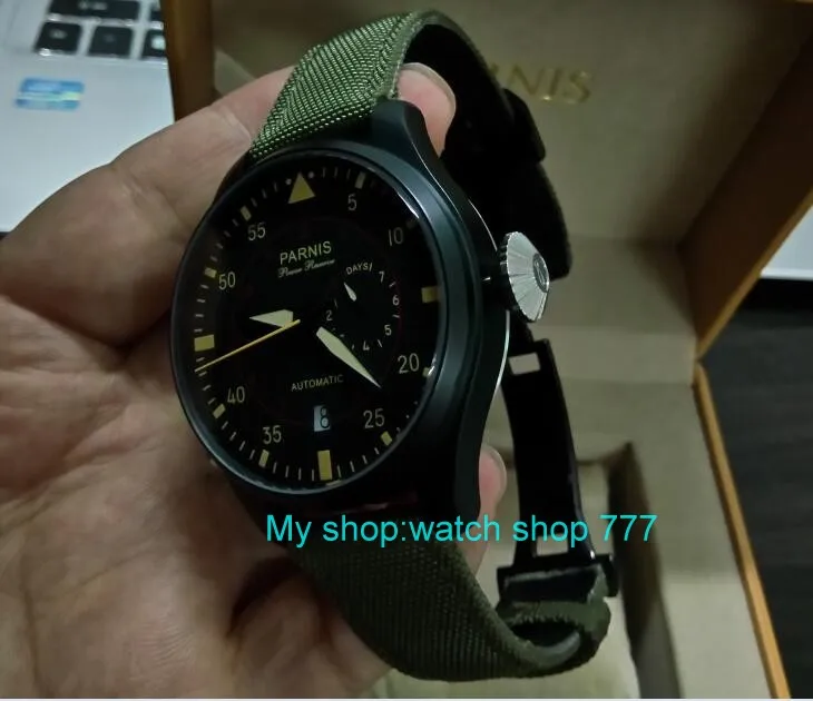 

47mm PARNIS Automatic Self-Wind Mechanical movement men's watch Black dial PVD case power reserve Mechanical watches zd363a