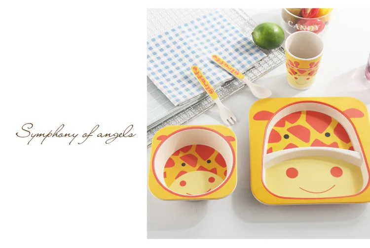 5 шт. набор посуды для малышей с мультяшным рисунком, милая вилка, посуда для кормления детей, миска из натурального бамбукового волокна с чашкой, ложкой, тарелкой