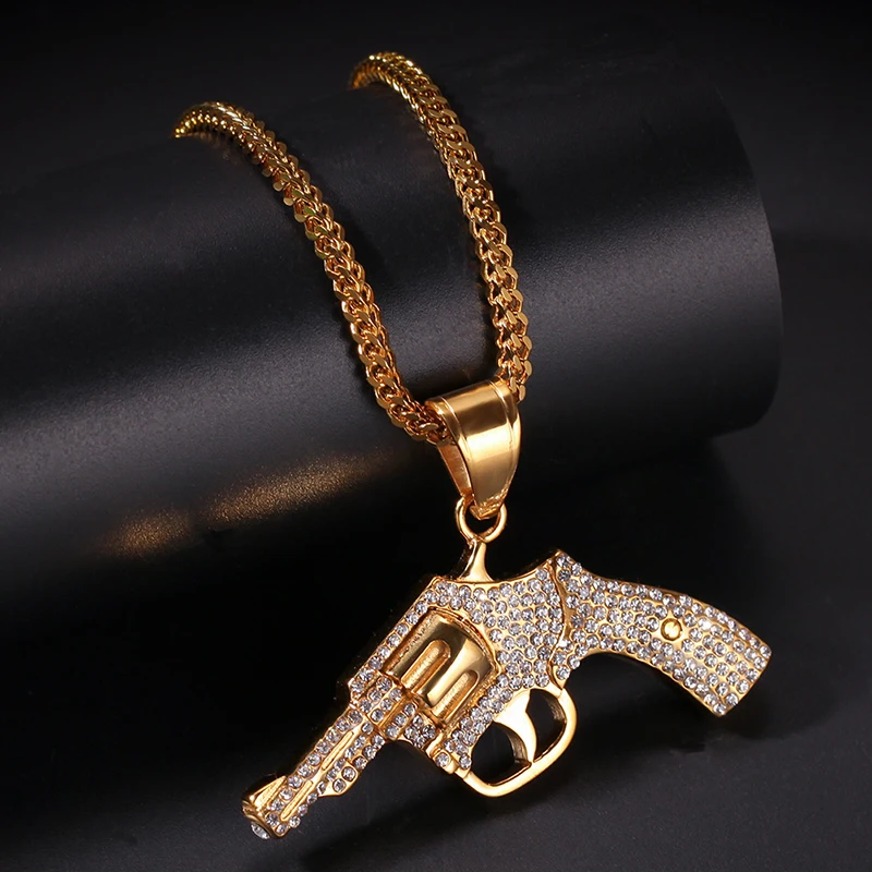 

Hip Hop Rhinestones Paved Bling Iced Out Gold Color Stainless Steel Revolver Gun Pendants Necklace for Men Rapper Jewelry
