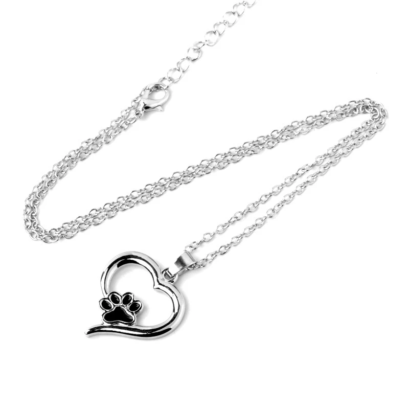 

Hollow Pet Paw Print Necklaces Cute Animal Dog cat Memorial jewelry Pet Lover Puppy Paw Heart Charm Black Enamel Freeshipping