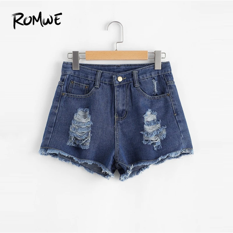 

ROMWE Frayed Edge Ripped Denim Shorts Rock Blue Mid Waist Button Fly Shorts 2019 New Design Summer Women Plain Loose Shorts
