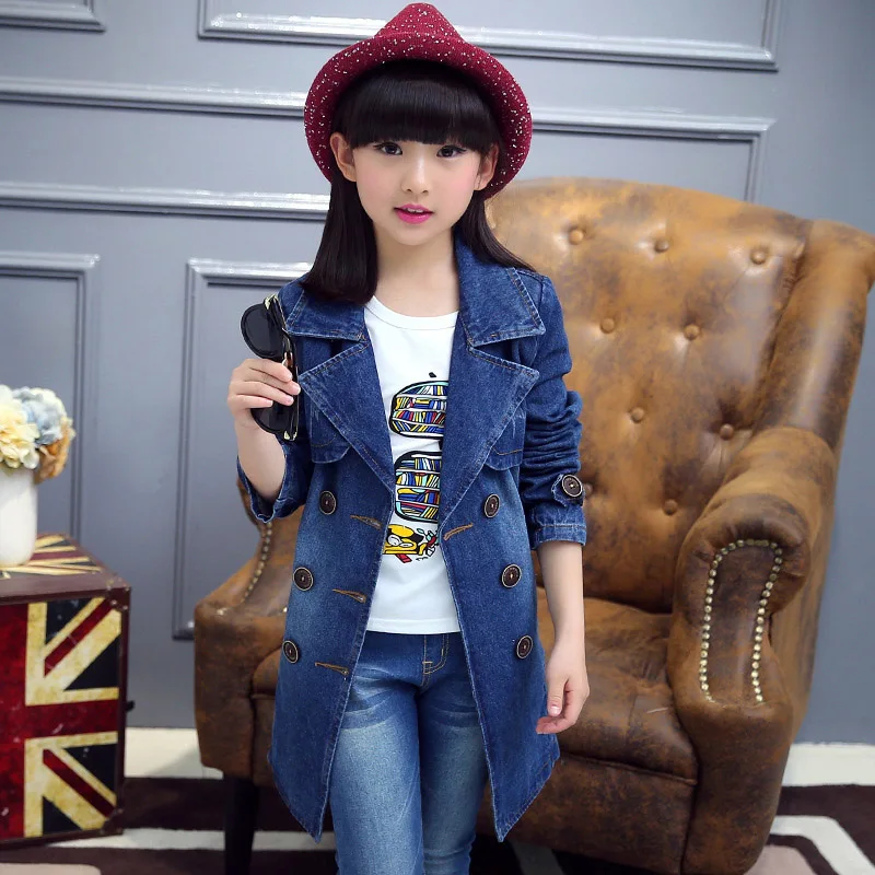 

Teenage Girls Fashion Outerwear Kids Long Design Jean Jackets Windbreaker Dust Coat Cardigan Topwear Children's England Clothing