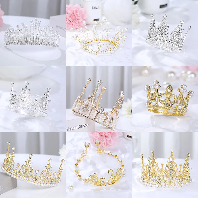 

Shining Mini Crown Cake Topper Metal Pearl Happy Birthday Cake Toppers Wedding&Engagement Cake Decora Sweet Party Decorations