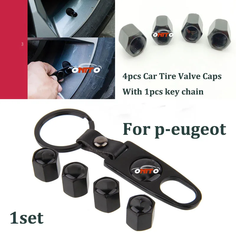 

1Set Leather Metal car Wheel Valve Stem Cap Car Wheel Tire Valve Bolt Nut with key chain For peugeot 205 206 207 208 3008
