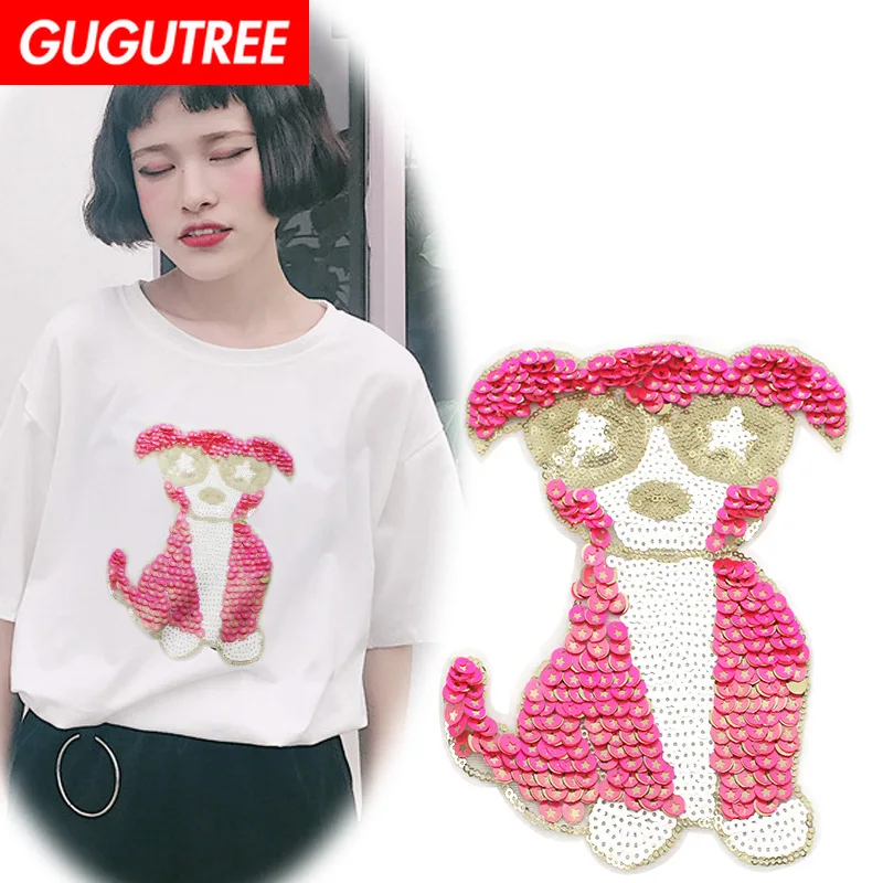 

GUGUTREE embroidery Sequins big dogs patches animal patches badges applique patches for clothing XC-163