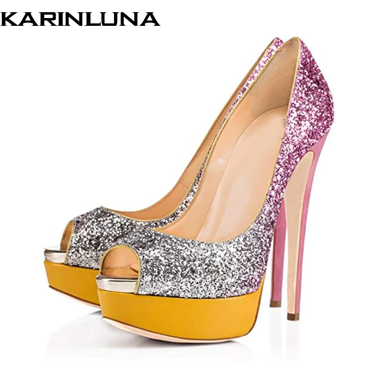 

Karinluna 2019 plus size 45 brand design mixed colors bling peep toe party women Shoes sexy high heels platform pumps woman